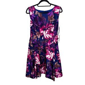 Nine West Women's Plum Spring  Multicolor Metallic Dress W/ Fabric Belt Sz 16